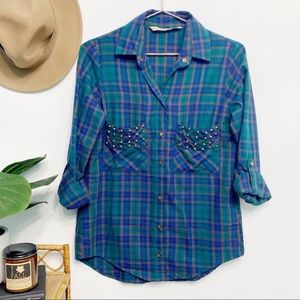 ZARA Gold Studded Green Plaid Flannel Snap Front